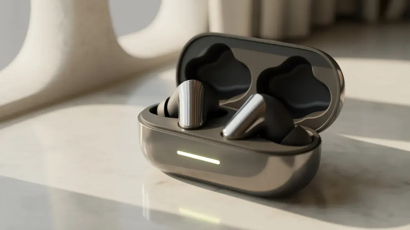 Wireless earbuds in open charging case on marble surface
