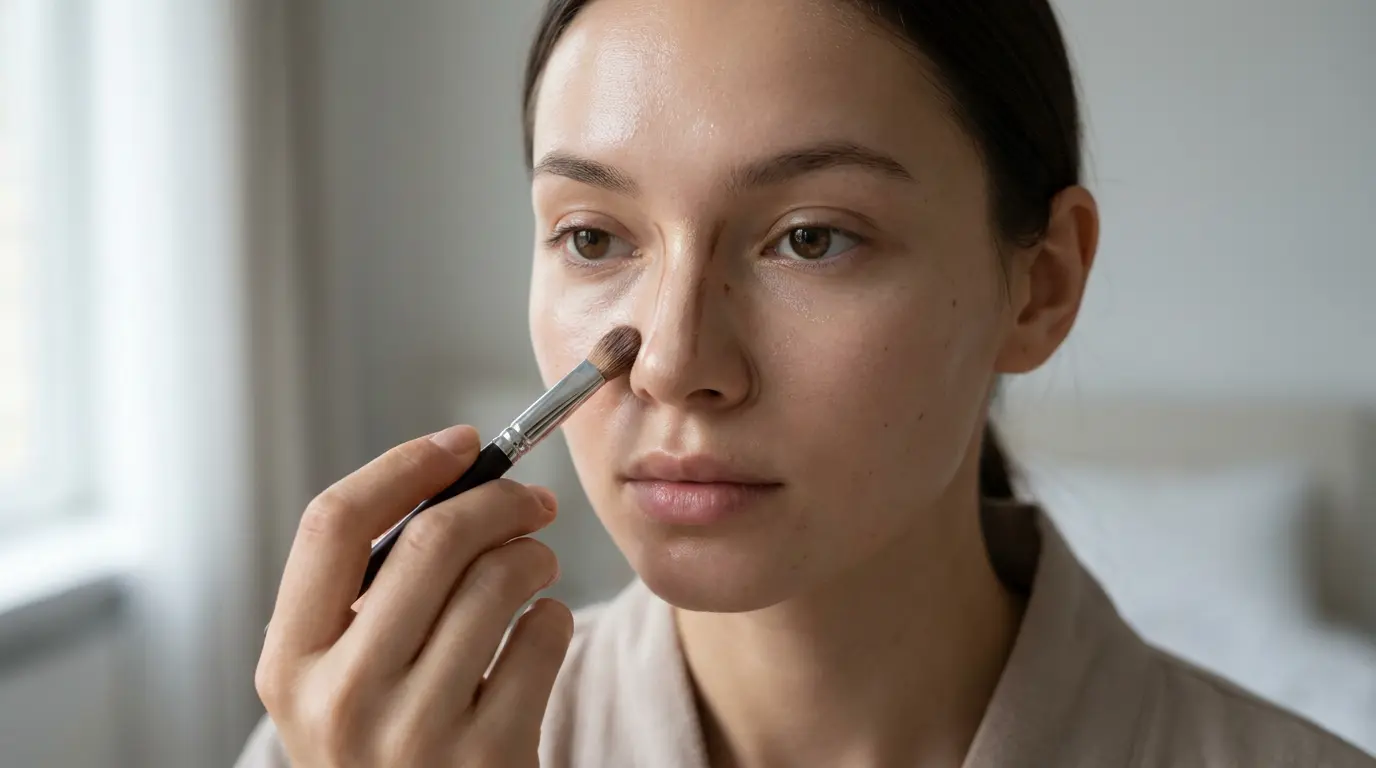 Woman applying subtle nose contour makeup for a slimmer nose look