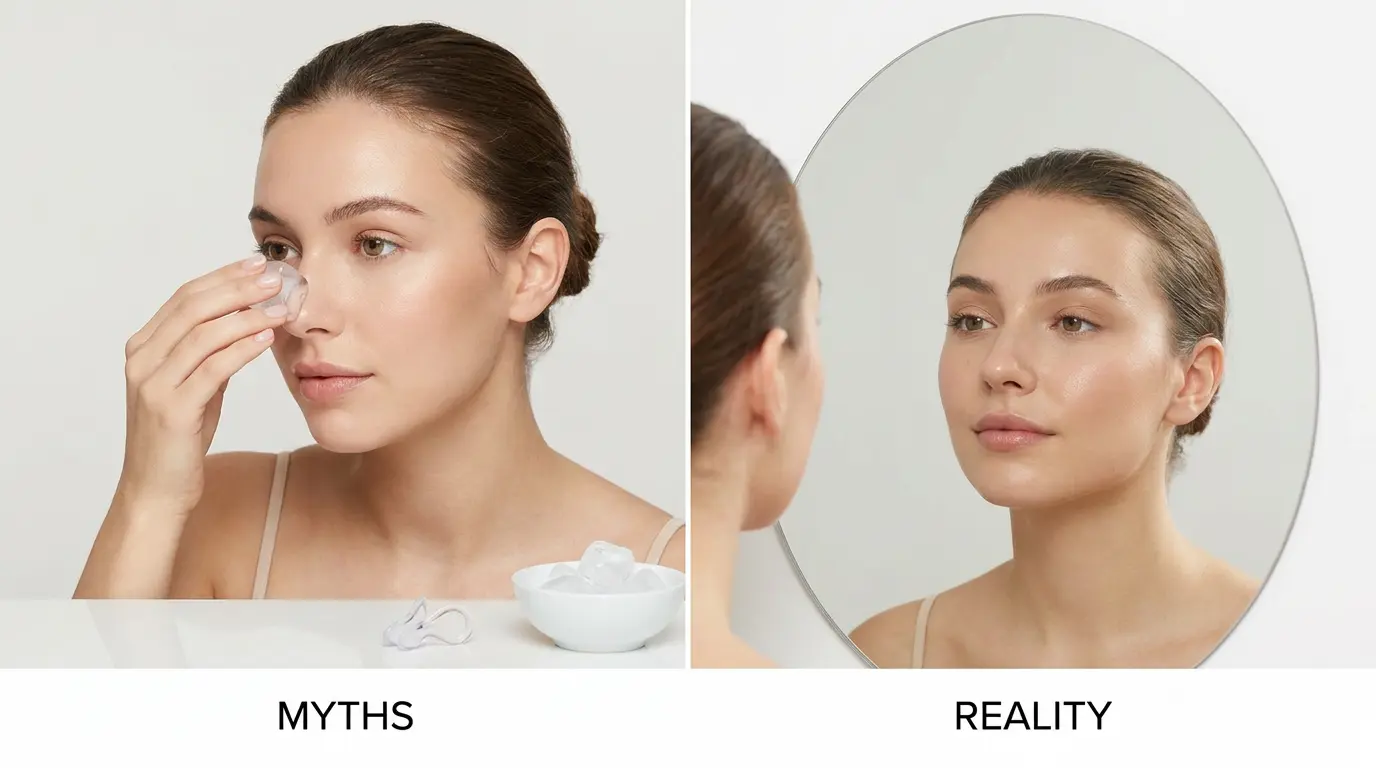 Woman comparing viral nose slimming hacks with realistic results