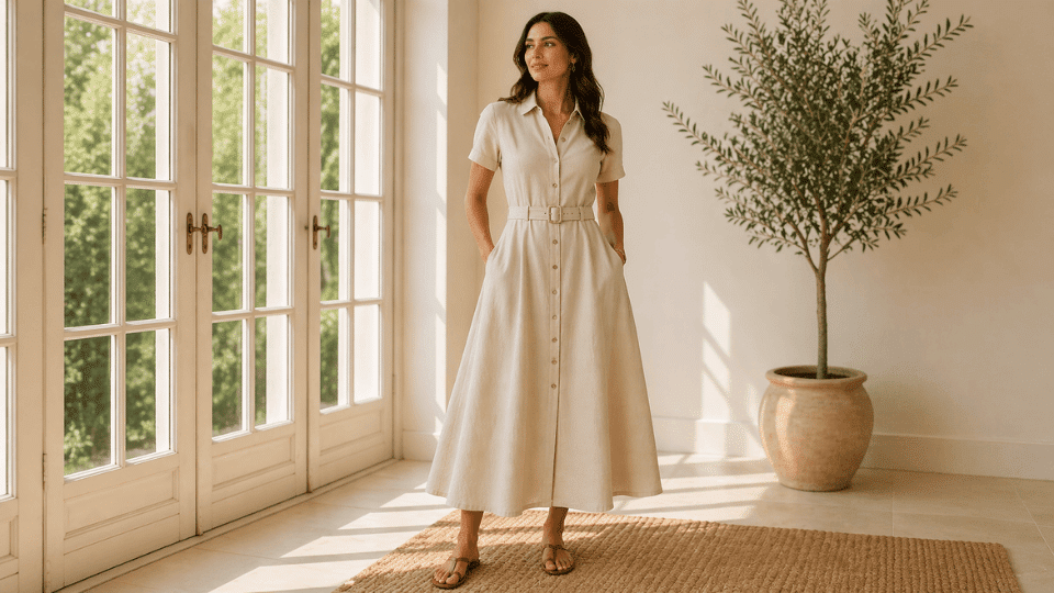 Woman in collared button-front A-line dress with belt, soft flare, standing in a bright, minimal room.
