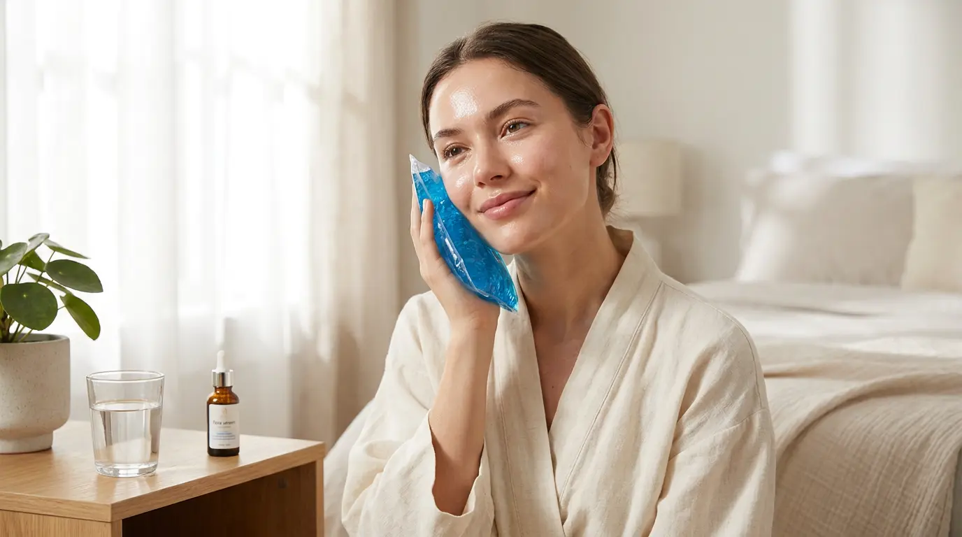 Woman reducing facial puffiness with a cold compress