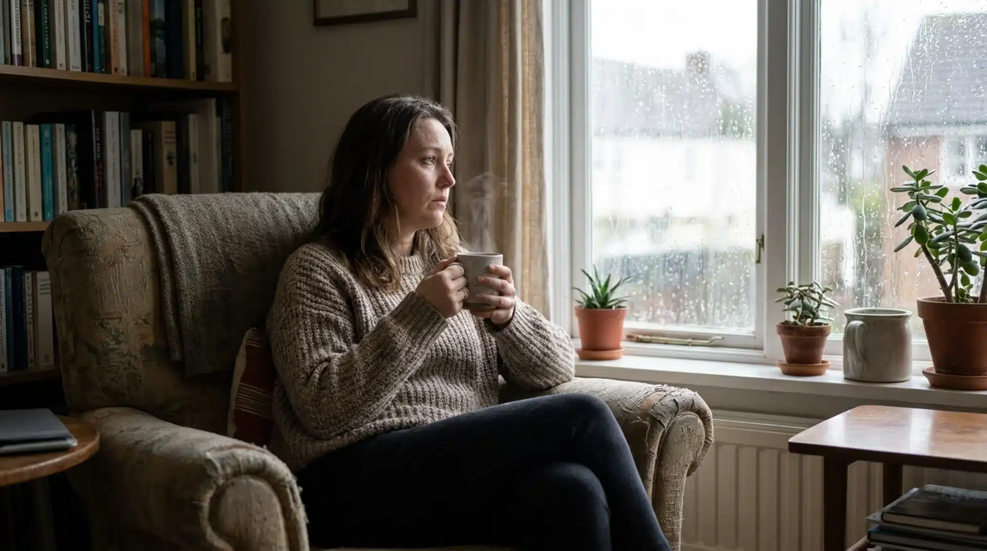 Woman sitting alone at home while thoughtfully reflecting on an emotionally difficult marriage.