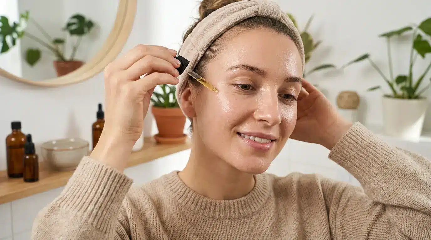 Woman using natural skincare and flattering lighting for facial balance
