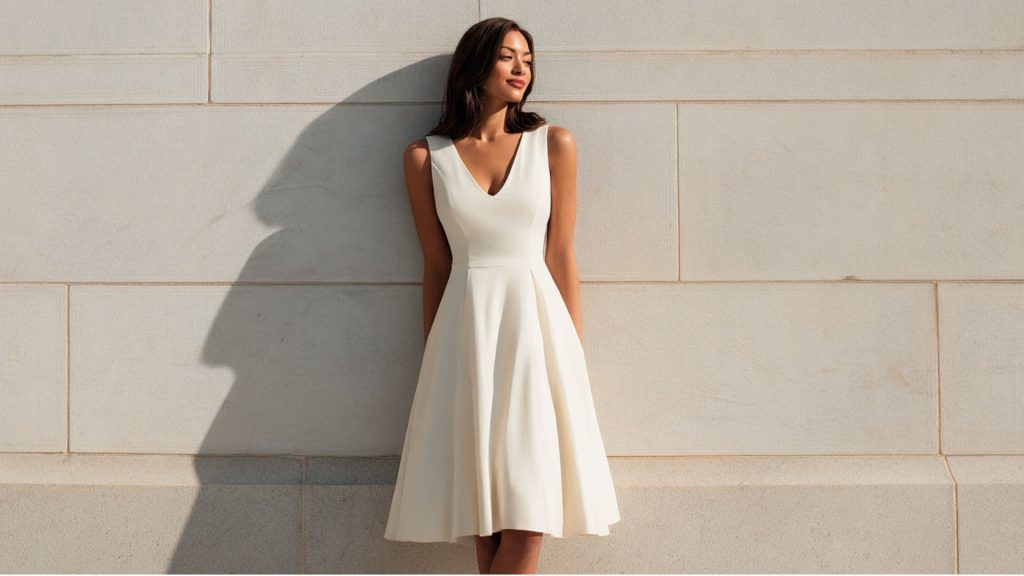 Woman wearing a classic knee-length ivory crepe A-line dress with V-neckline and defined waist seam