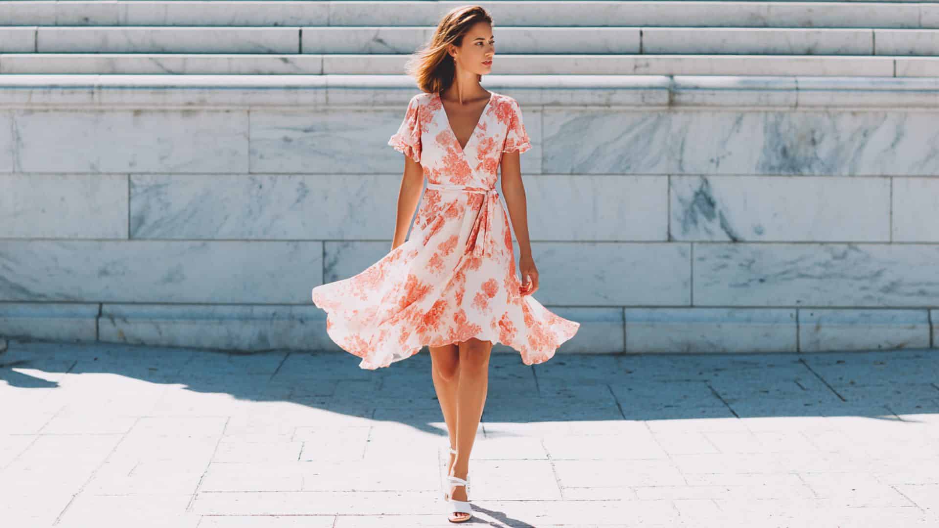 Woman wearing a floral chiffon A-line wrap dress with flutter sleeves and V-neckline, styled with white sandals