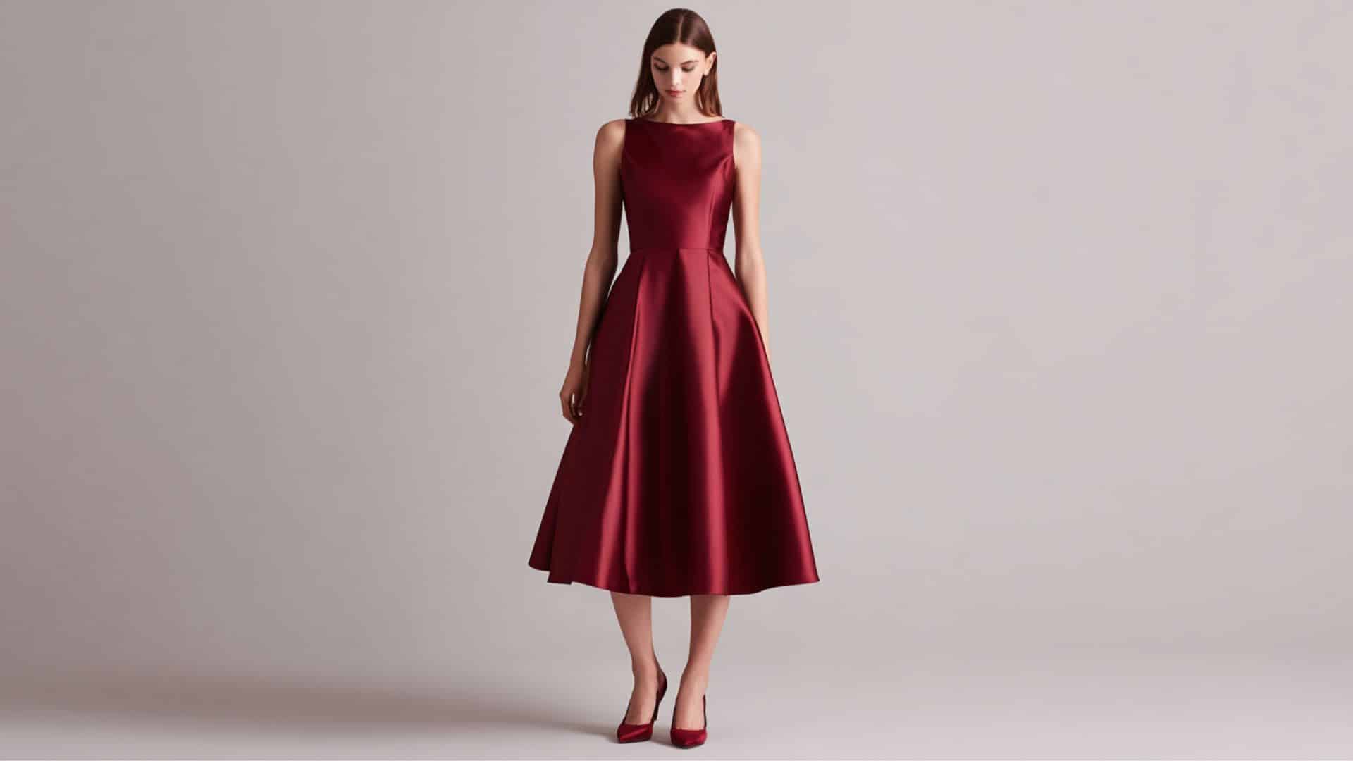 Woman wearing a knee-length A-line cocktail dress in deep burgundy satin with a structured V-neckline and defined waist seam