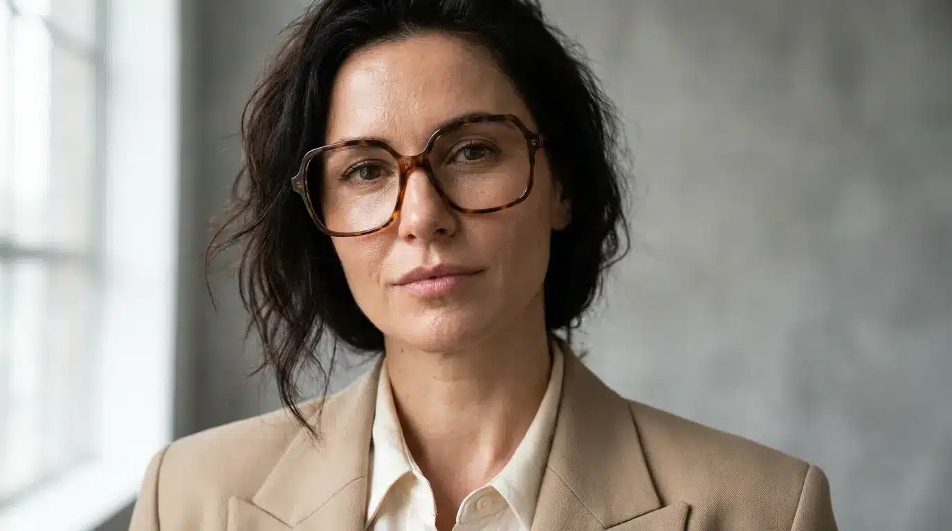 Woman wearing wide-frame glasses that balance facial features