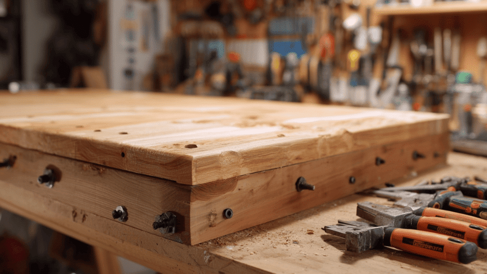 Wooden bar top attached to frame with screws and glue, smooth surface and tools on workbench.