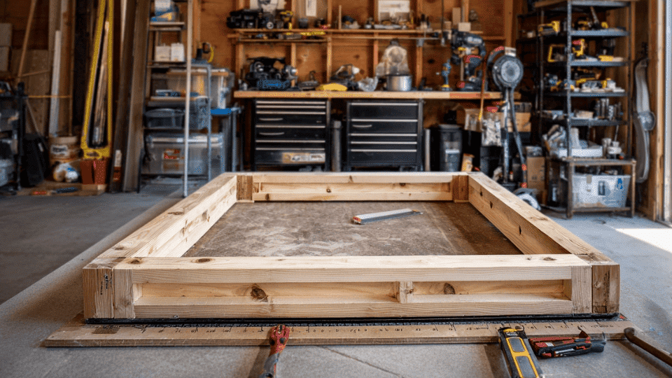 Wooden frame of a DIY bar made with 2x4 lumber, tools placed nearby in a clean workspace.