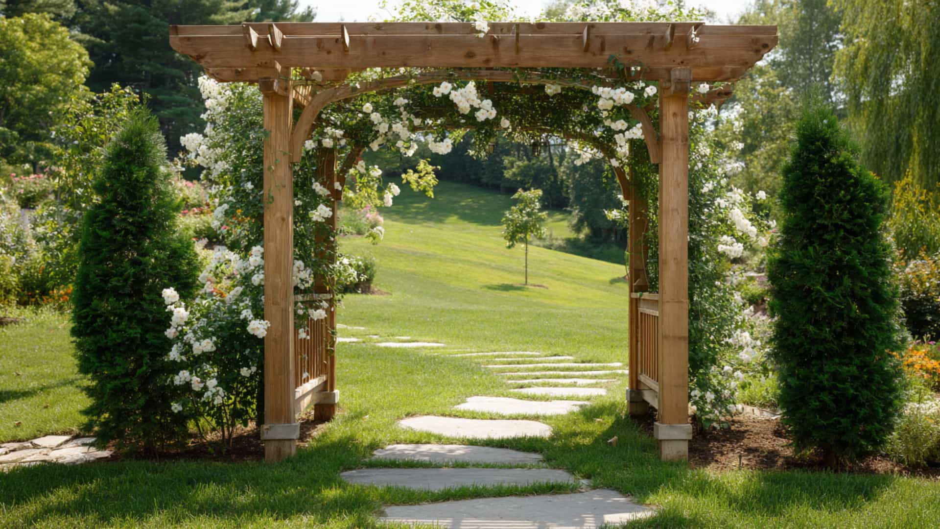 Wooden garden pergola arch with white blooms beside a sunny stone pathway.