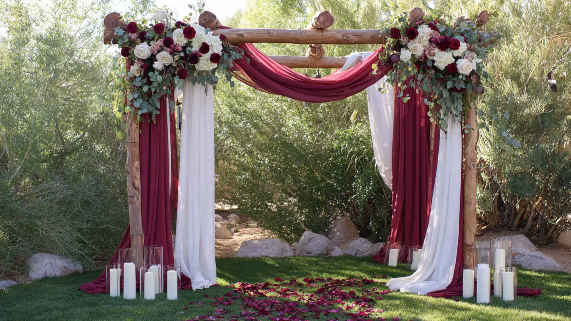 Wooden wedding arch with burgundy drapes, roses, and candles on green grass.