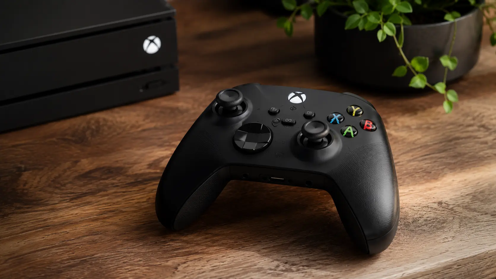 Xbox controller on a wooden surface next to an Xbox console and a plant.