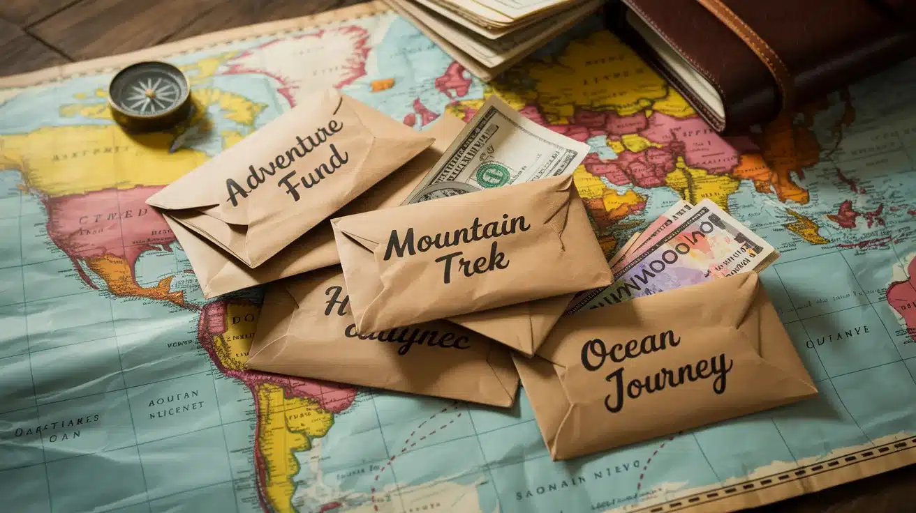 Envelopes labeled Adventure Fund, Mountain Trek, and Ocean Journey on a colorful world map.