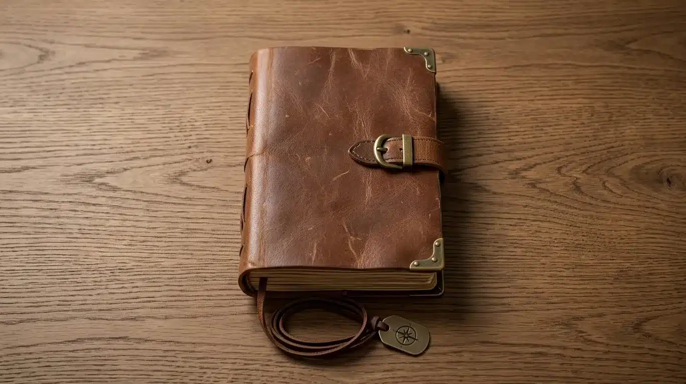 Brown leather notebook with buckle closure on a wooden desk.