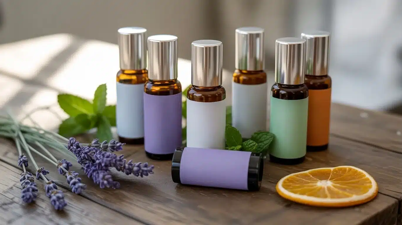 Six small glass aromatherapy bottles with herbs and citrus on a wooden surface.