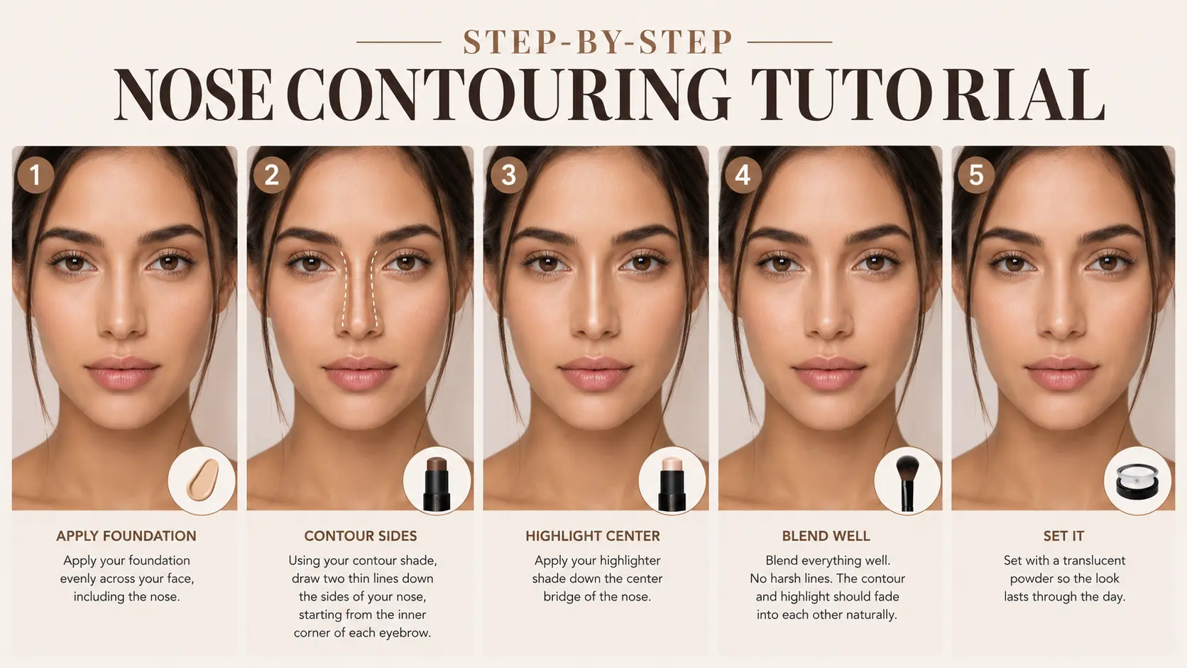 beauty infographic showing step-by-step nose contouring techniques