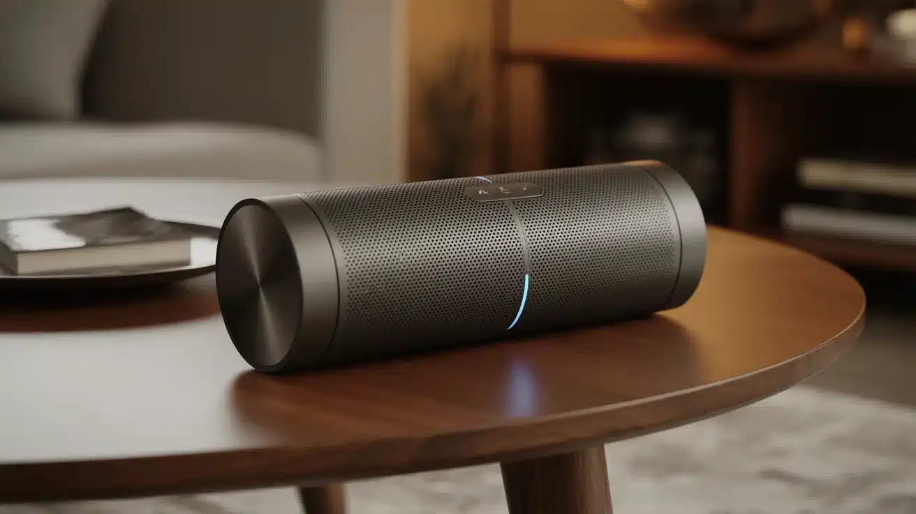 Portable black cylindrical Bluetooth speaker on wooden table in a cozy living room.