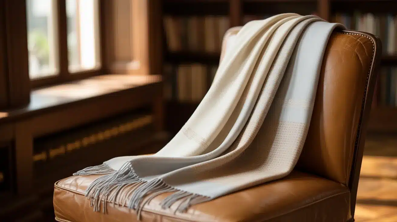 Soft light pink cashmere scarf neatly folded on a white surface.