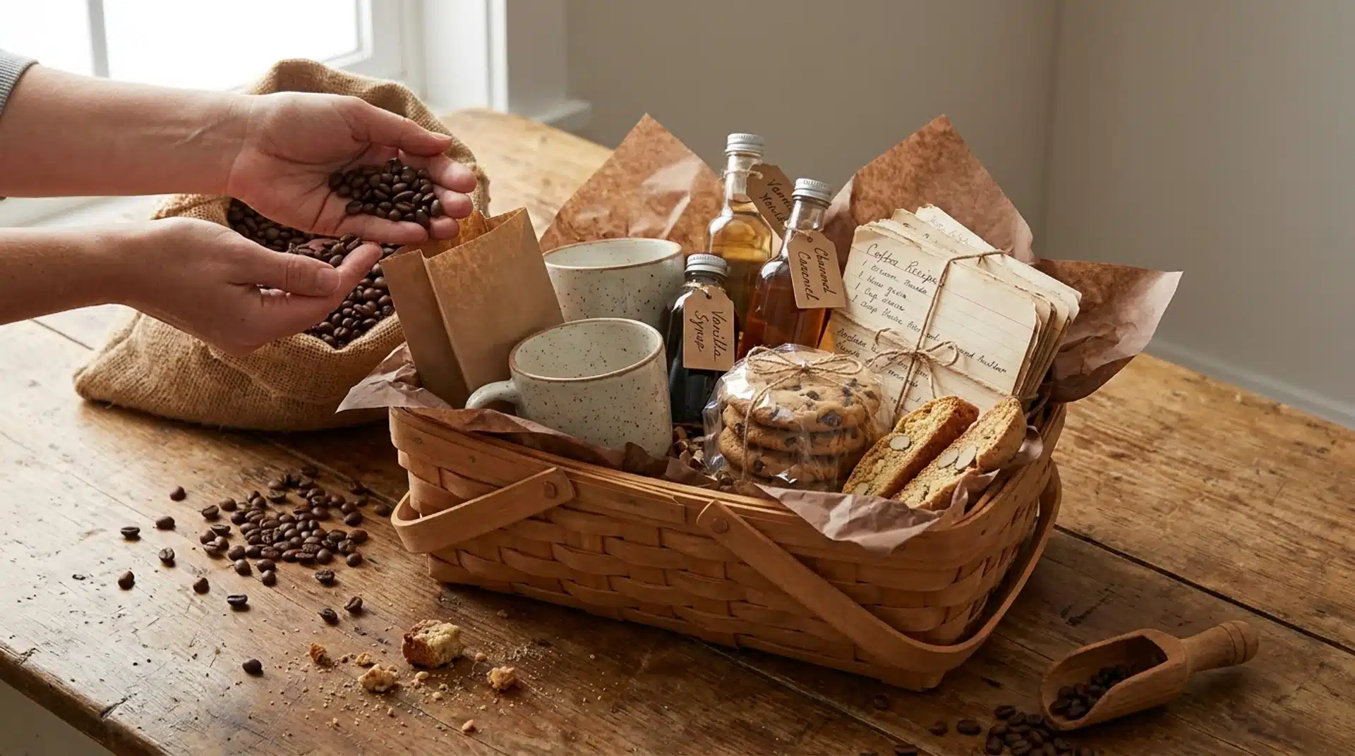 Hands holding coffee beans near a gift basket filled with ceramic mugs, syrup bottles, cookies, biscotti, and recipe cards.