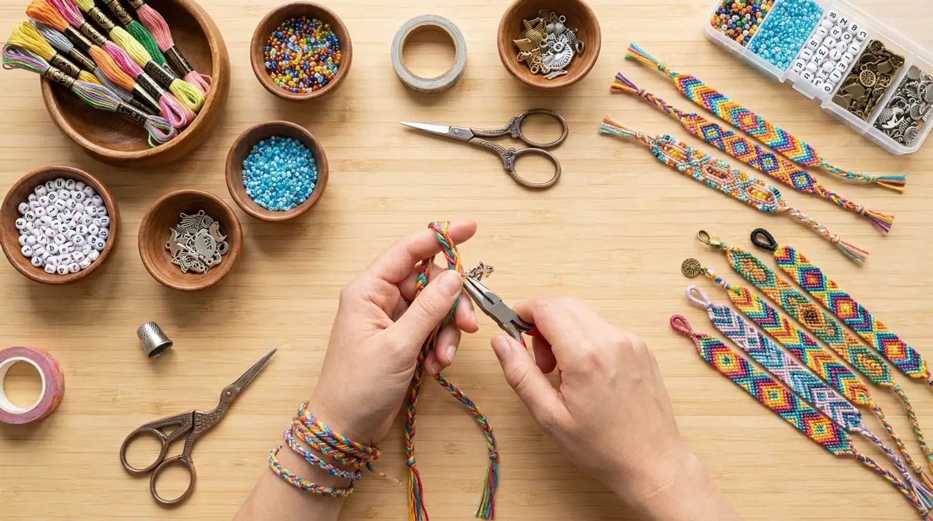 Hands using pliers to attach a charm to a friendship bracelet on a table with embroidery floss, scissors, and beads.
