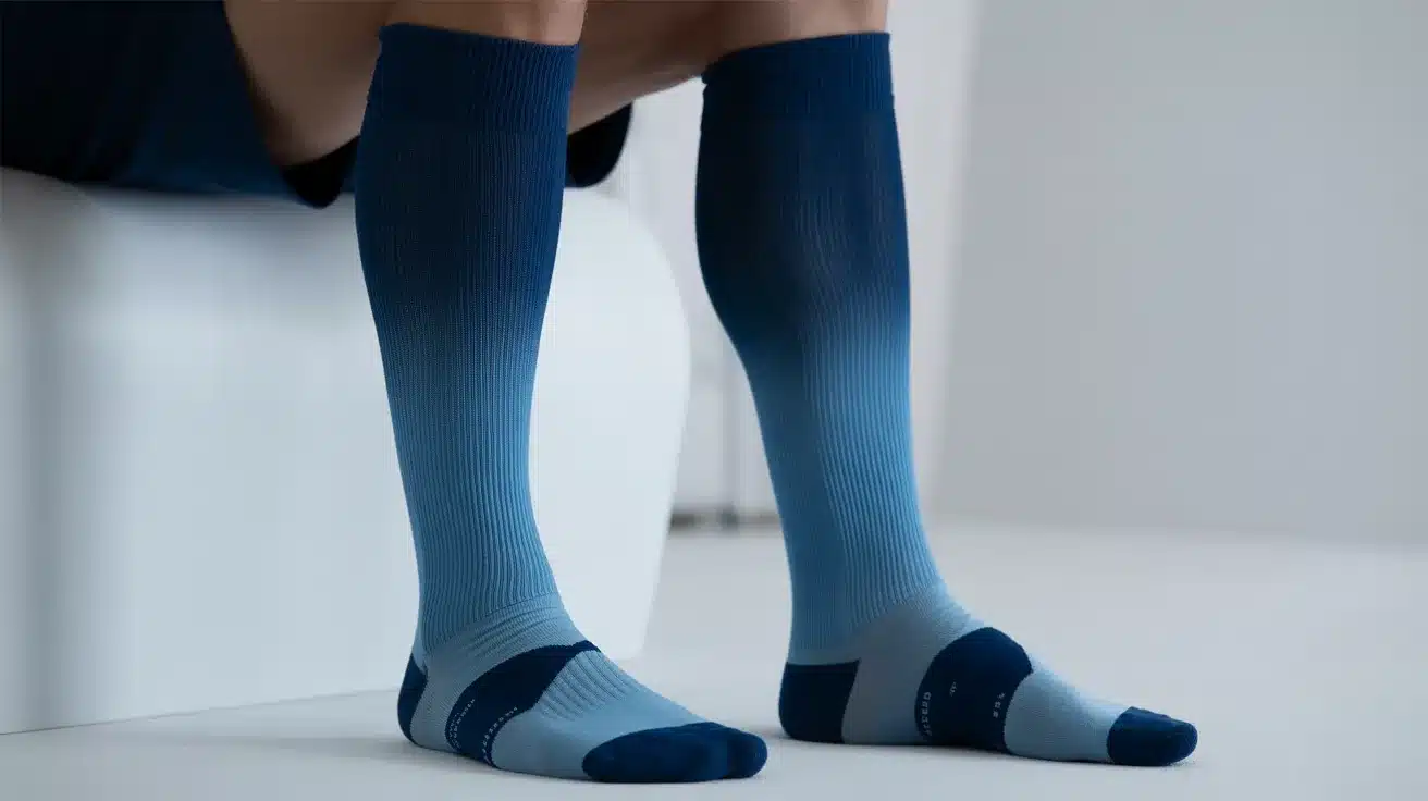 Blue gradient compression socks worn on a pair of legs.