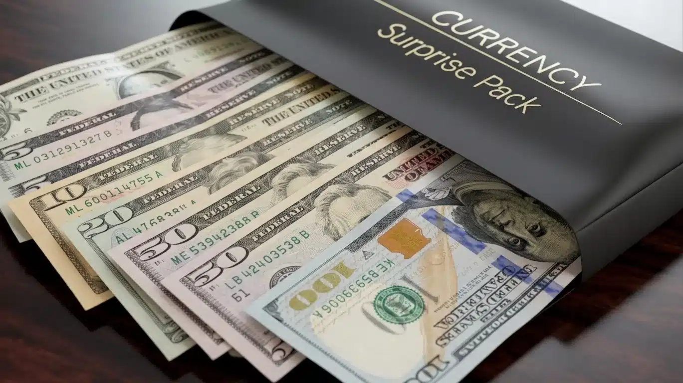 Envelope labeled Currency Surprise Pack with US dollar bills spilling out.