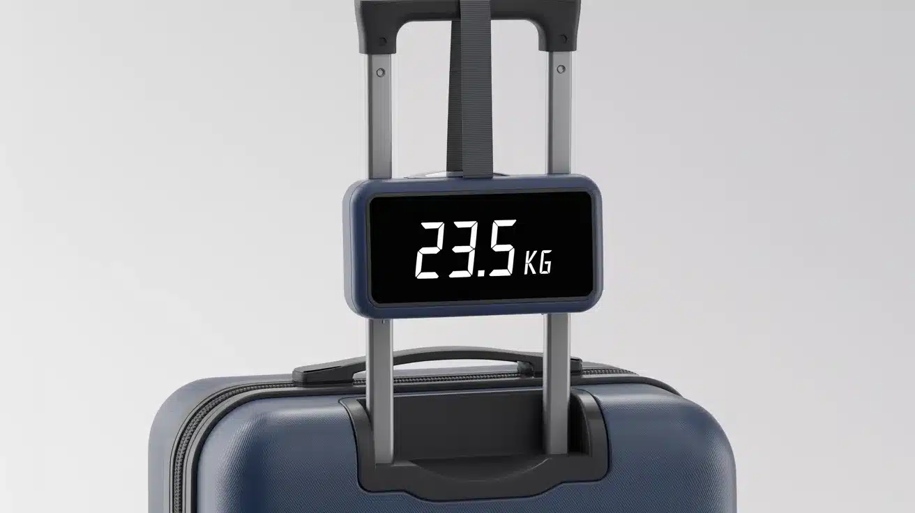 Digital scale attached to a suitcase handle displaying weight.