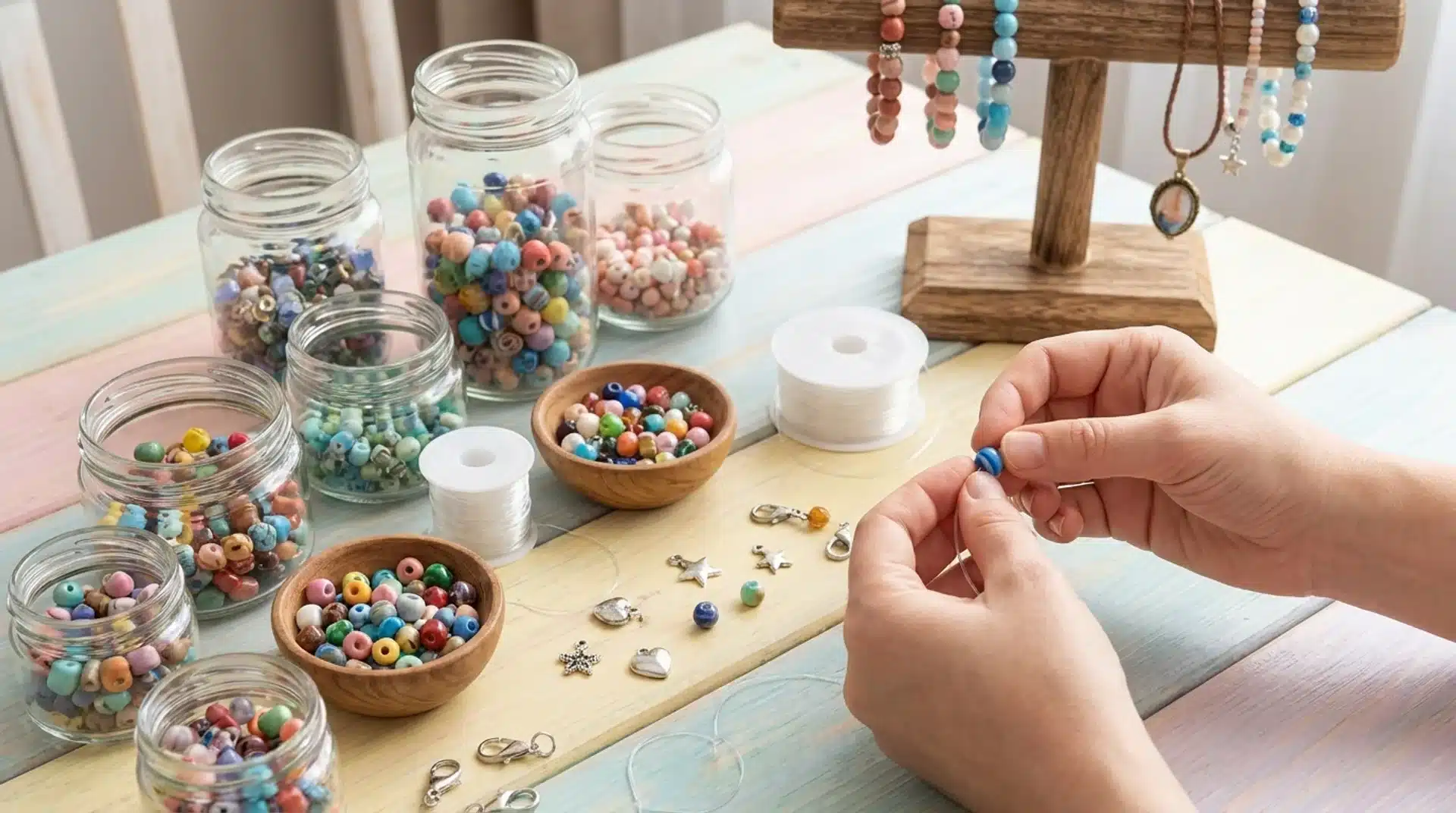 Hands thread a blue bead onto a clear string, surrounded by jars and bowls filled with colorful jewelry beads.