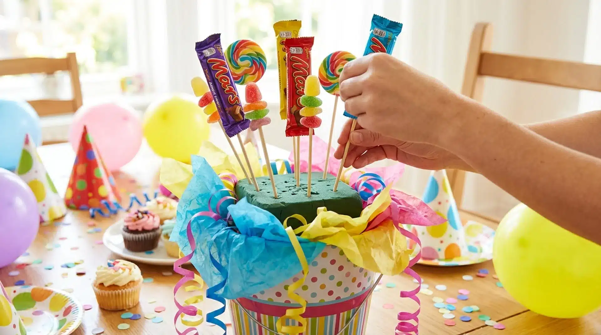 Hands arrange candy bars, lollipops, and sweets on skewers into a festive birthday bouquet bucket.