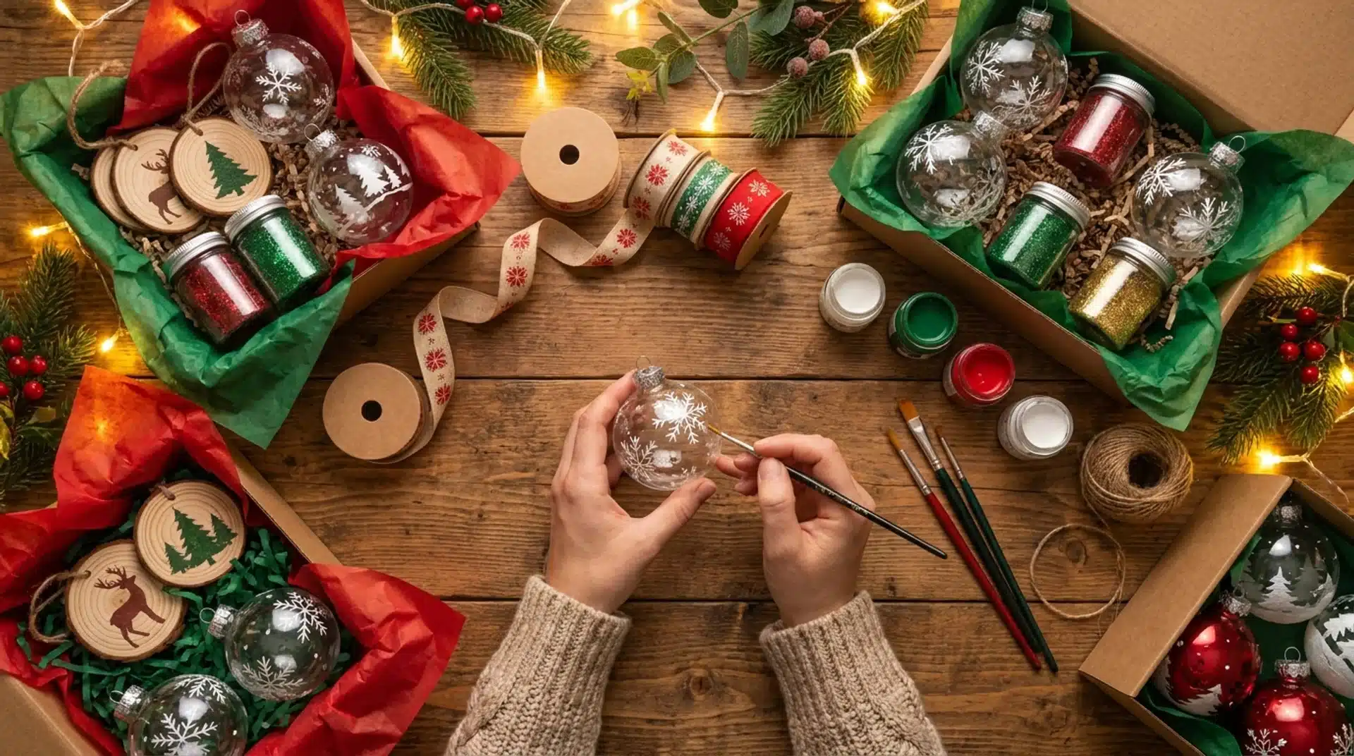 Hands paint white snowflakes on a clear bauble, surrounded by festive DIY Christmas ornament gift boxes.