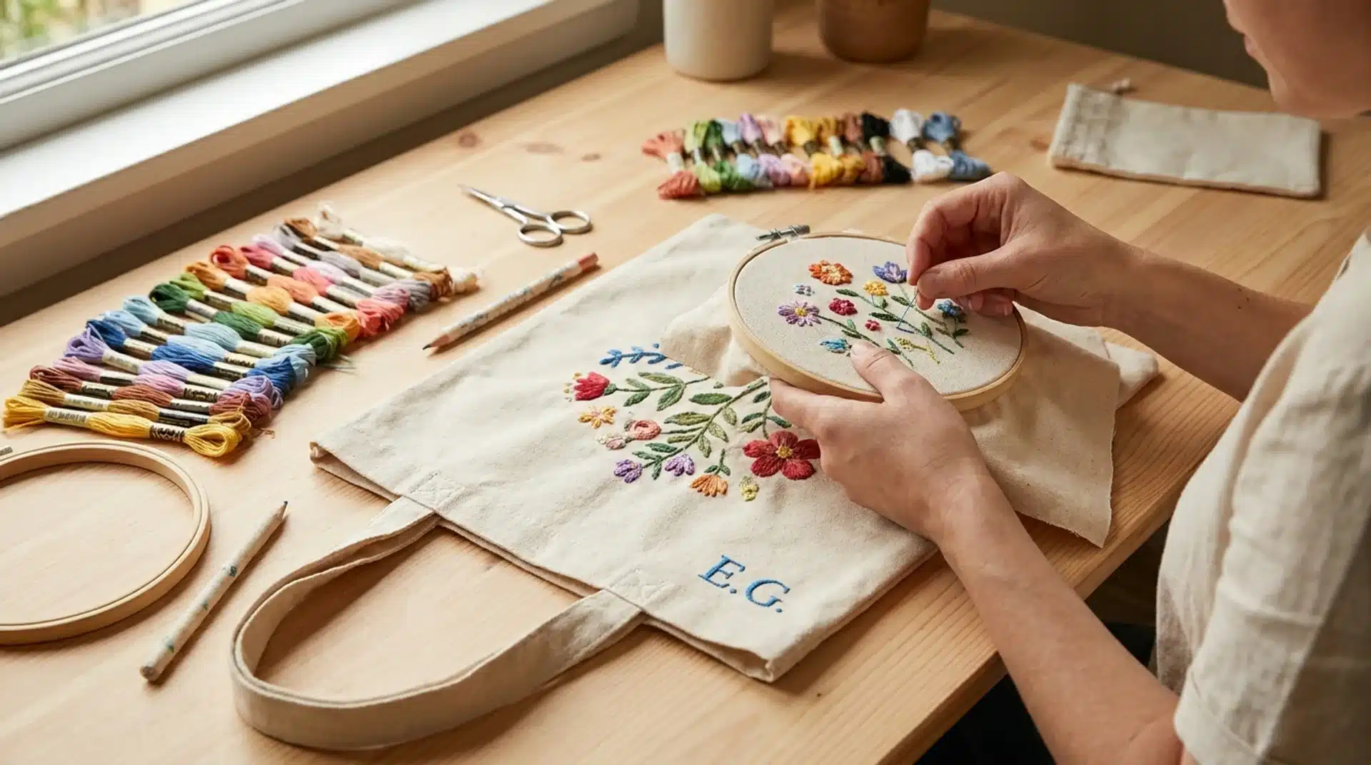 Hands stitching floral designs on a canvas tote bag using an embroidery hoop, with colorful embroidery floss on the table.