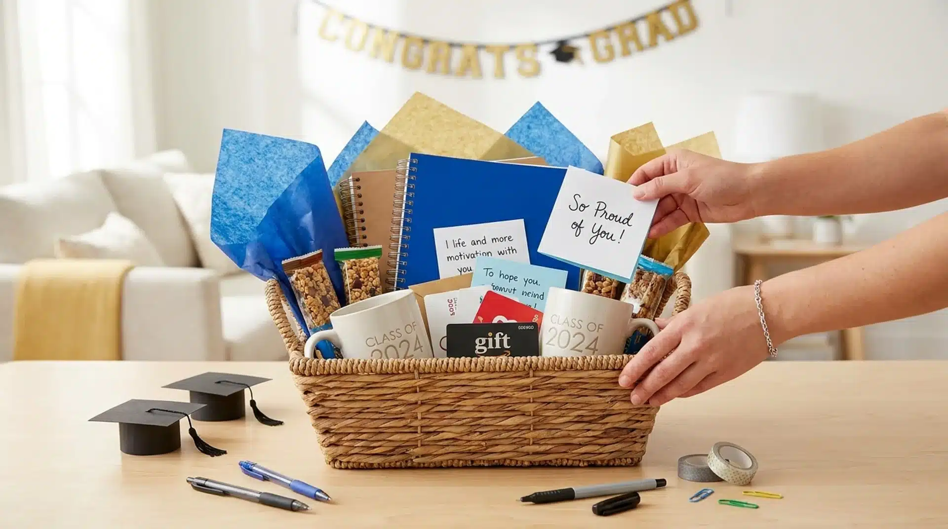 Hands place a congratulatory card into a graduation gift basket filled with mugs, notebooks, and snacks.