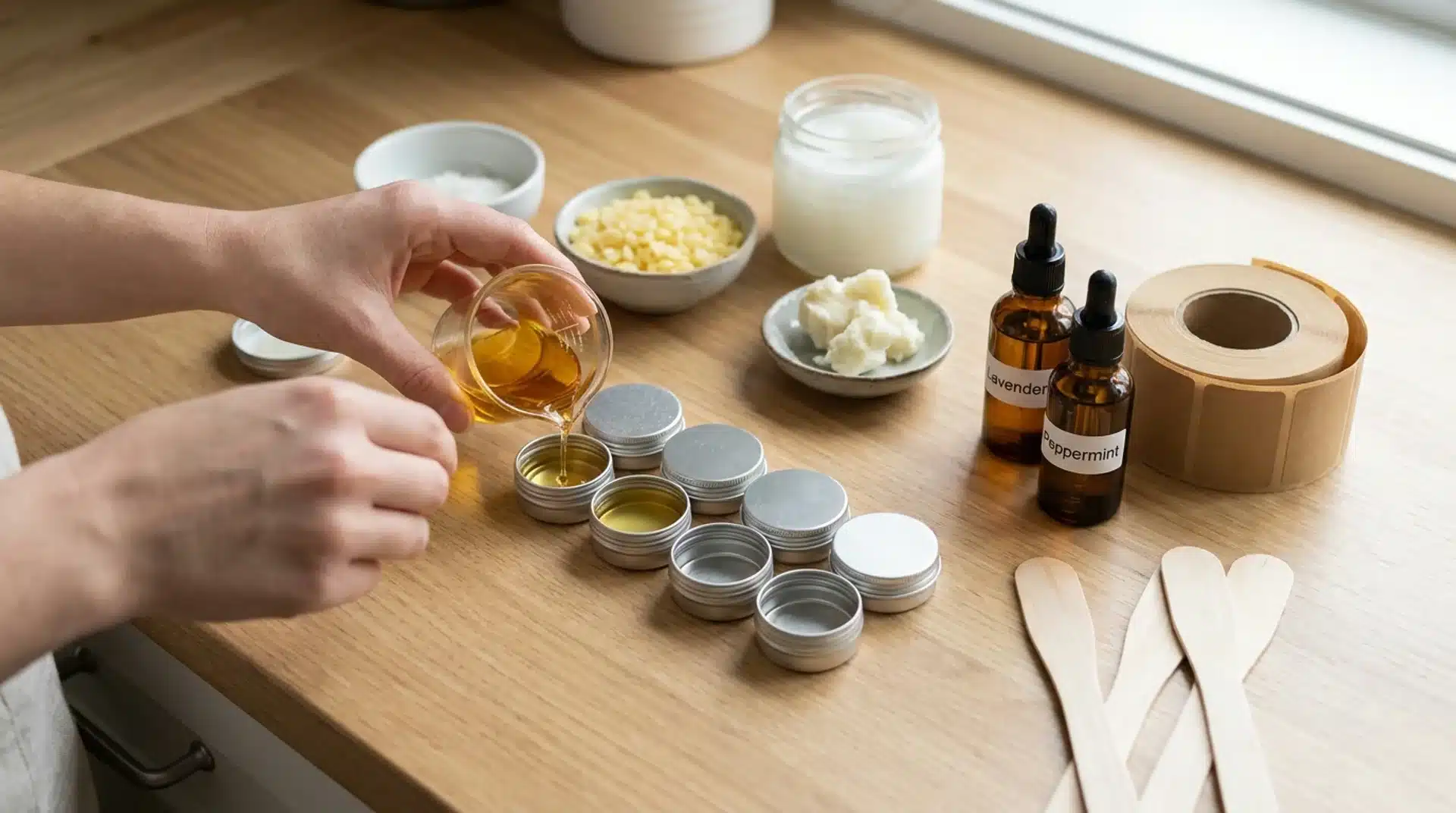 Hands pouring melted ingredients into small metal lip balm tins on a table next to bowls of beeswax, oils, and labels.