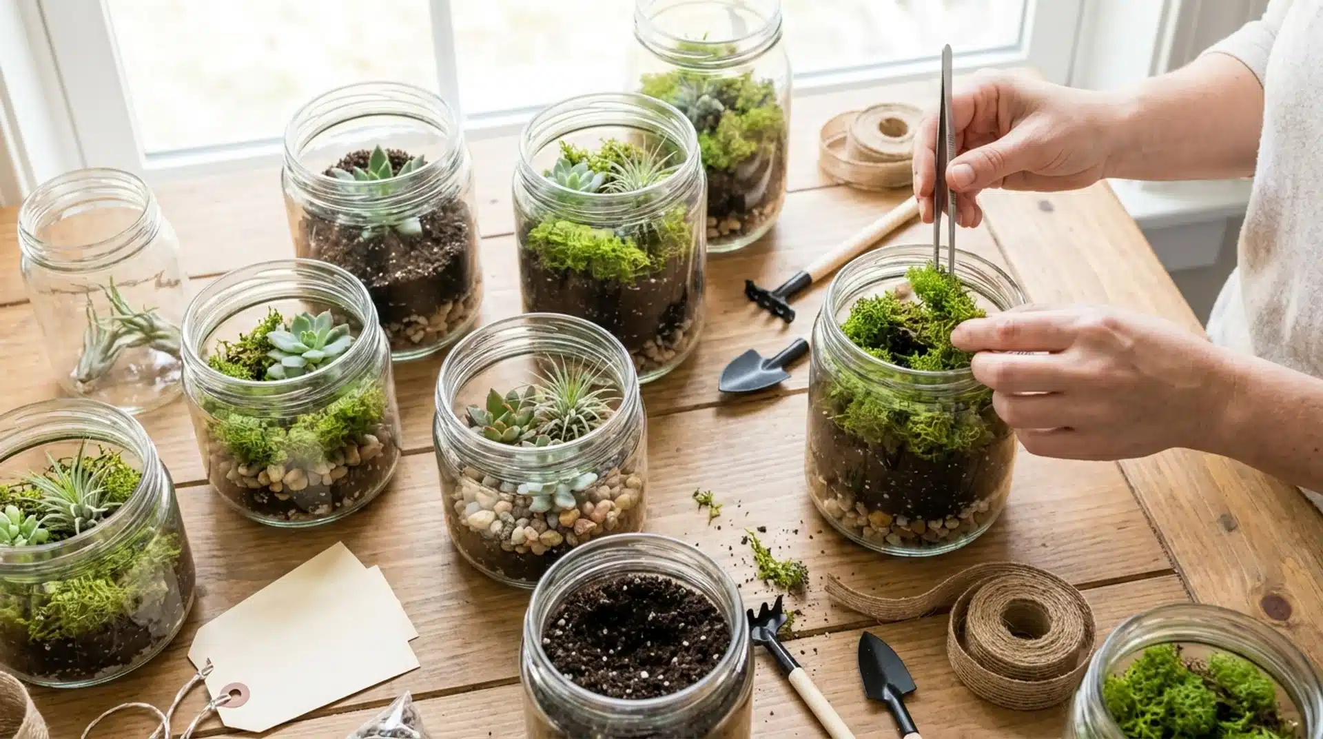 Hands using tweezers to place moss into a glass jar terrarium on a wooden table with succulents, soil, and small tools.