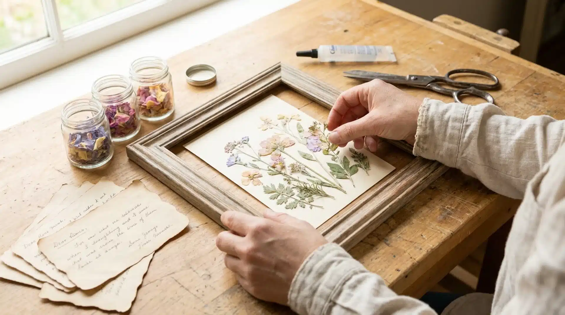 Hands arrange delicate pressed flowers onto paper inside a wooden frame on a craft table.