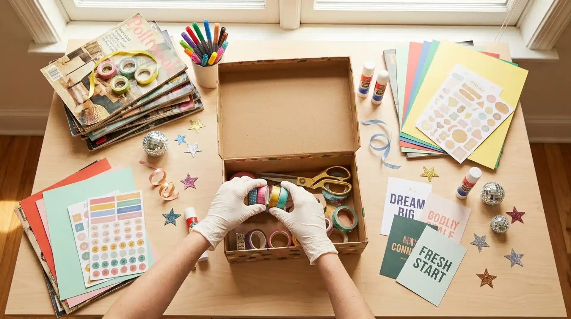 A person wearing white gloves packs a DIY New Year vision board kit with craft supplies into a brown box.