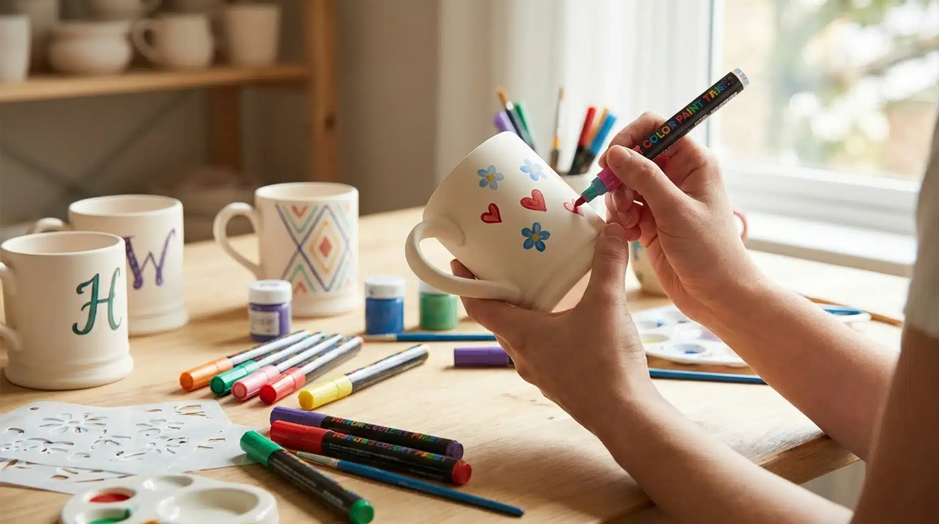 Hands using a paint marker to draw hearts and flowers on a white ceramic mug, surrounded by art markers and stencils.