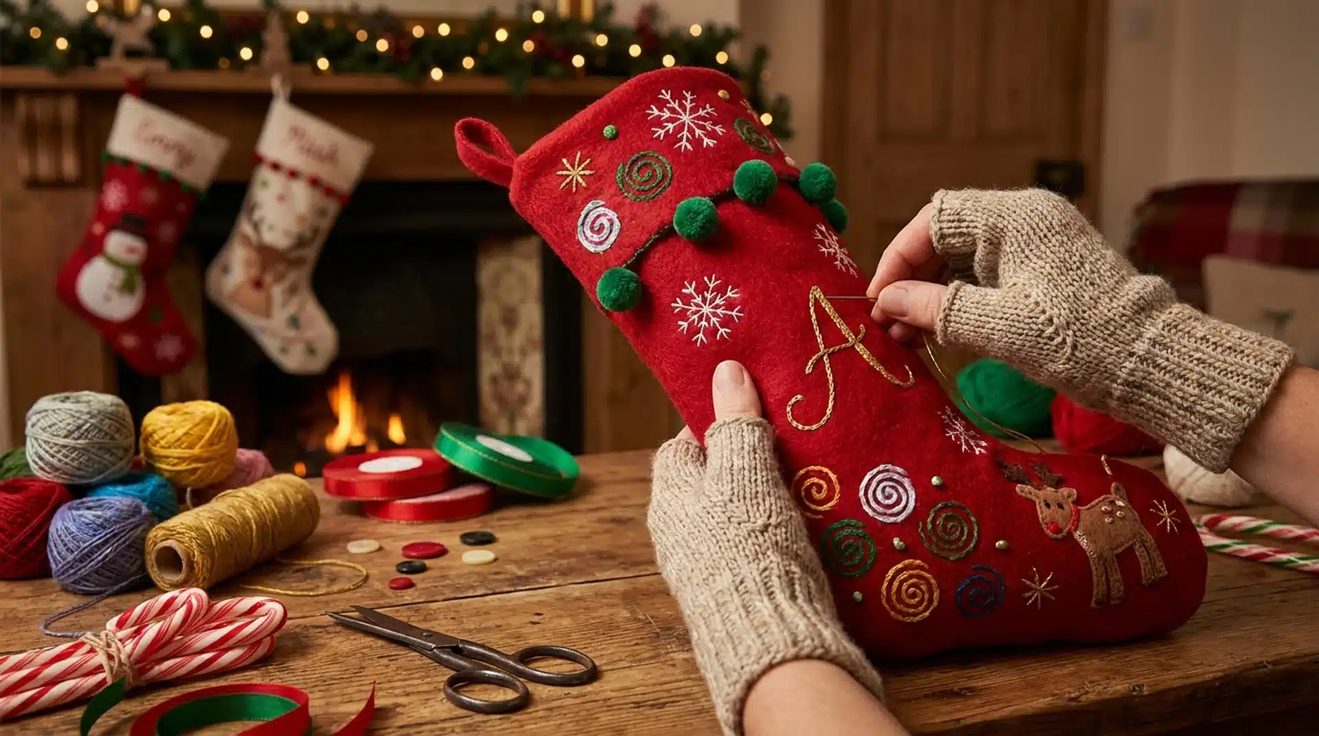 Hands in knit gloves embroider a golden letter onto a red, decorated holiday stocking on a wooden workspace.