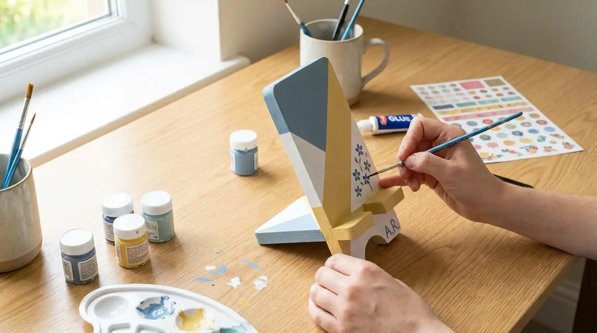 Hands use a thin brush to paint small blue flowers onto a customized wooden phone stand at a desk.