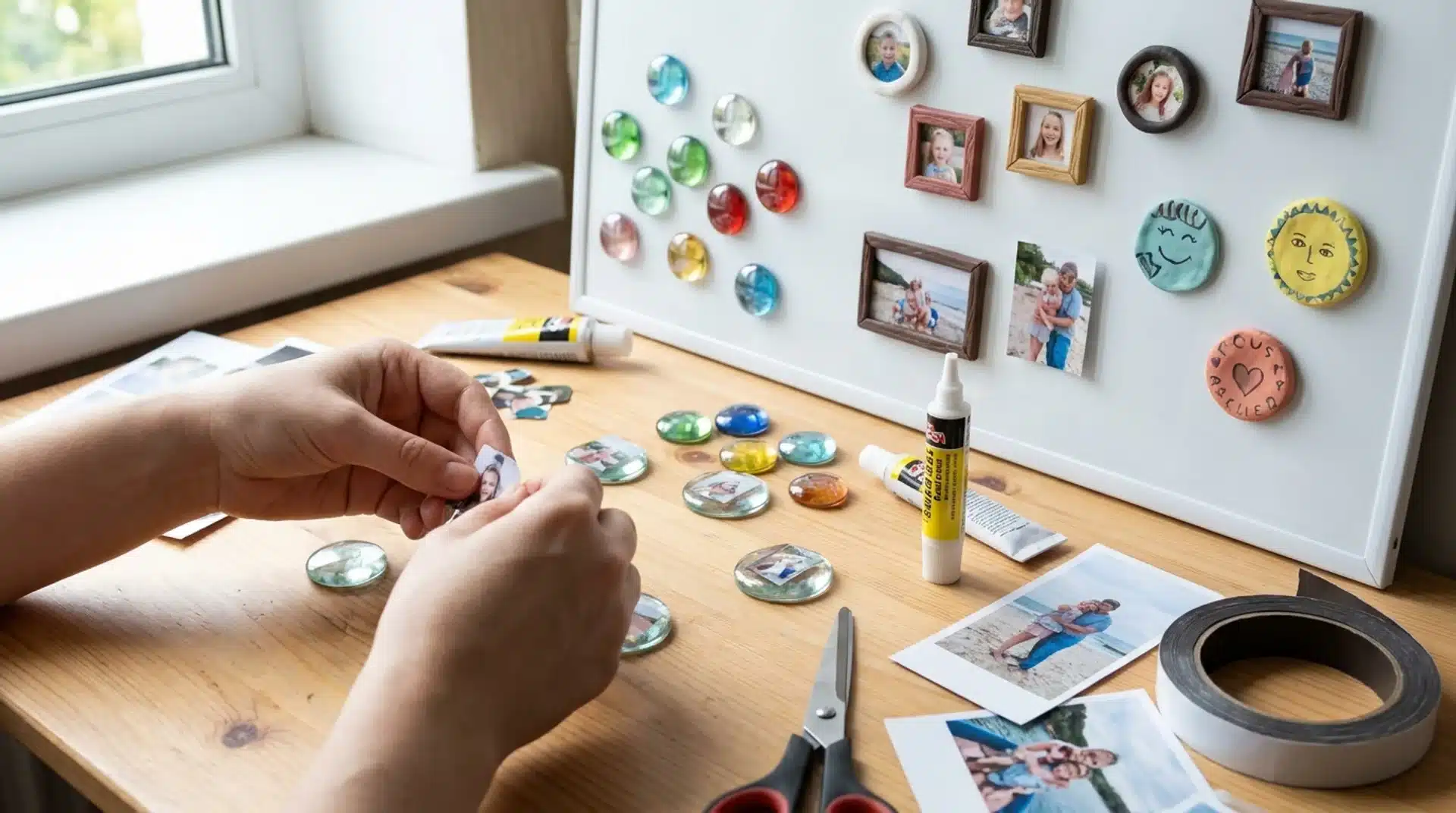 Hands cut and assemble personalized photo magnets on a wooden table next to a display board.