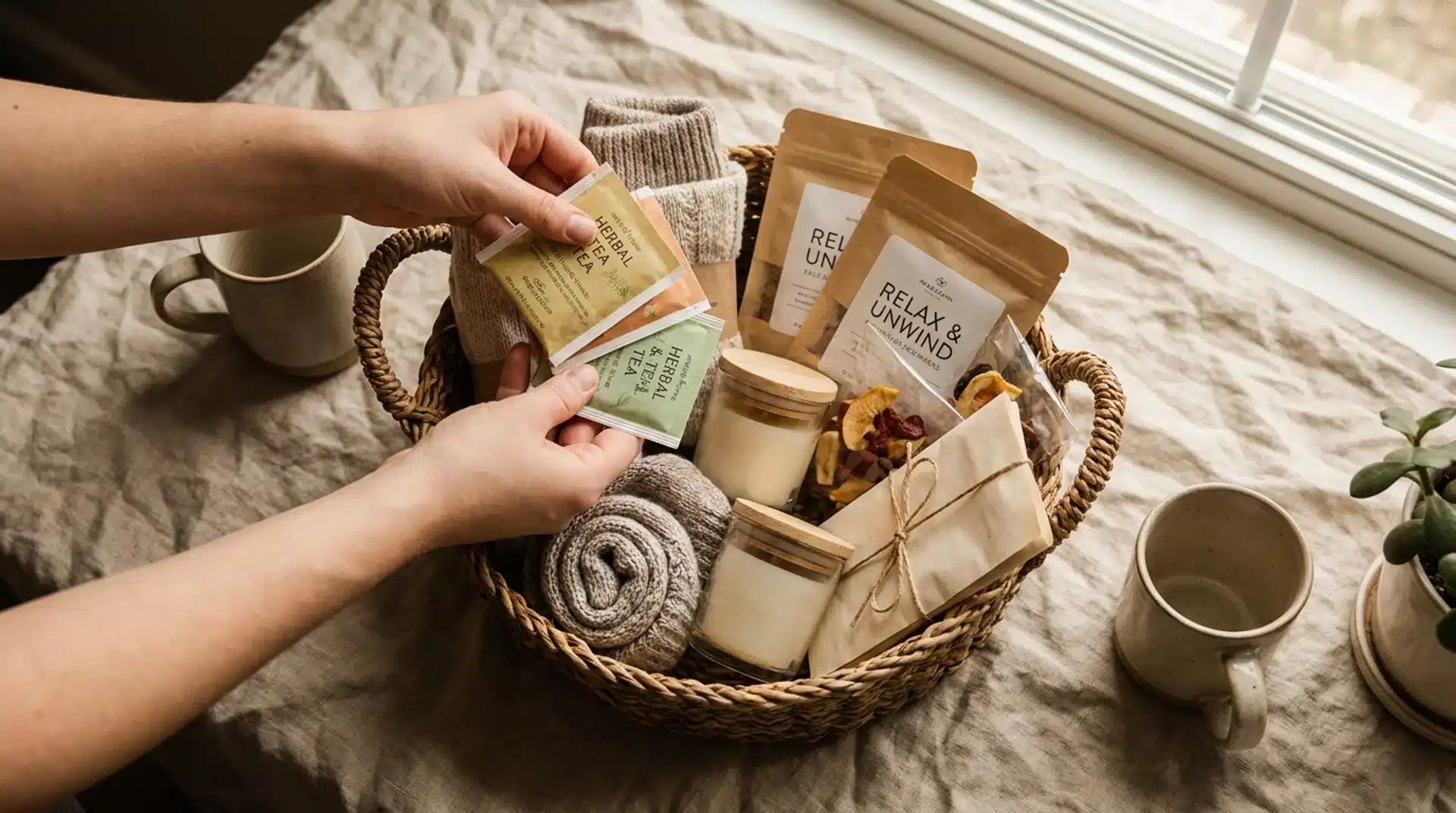 Hands placing herbal tea packets into a woven self-care basket containing candles, rolled socks, and skincare products.