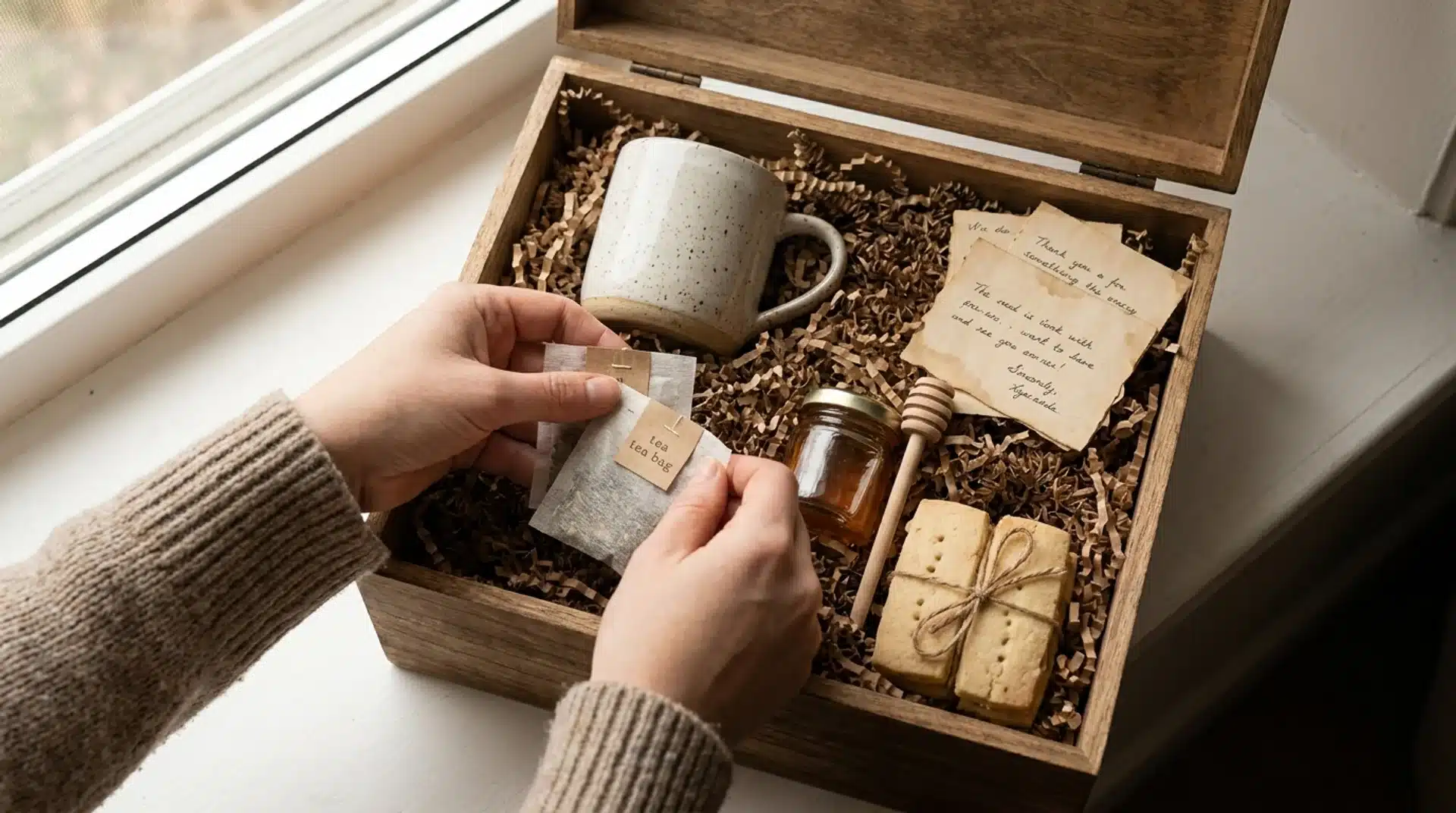 Hands placing tea bags into a wooden gift box alongside a ceramic mug, a jar of honey, shortbread cookies, and a note.