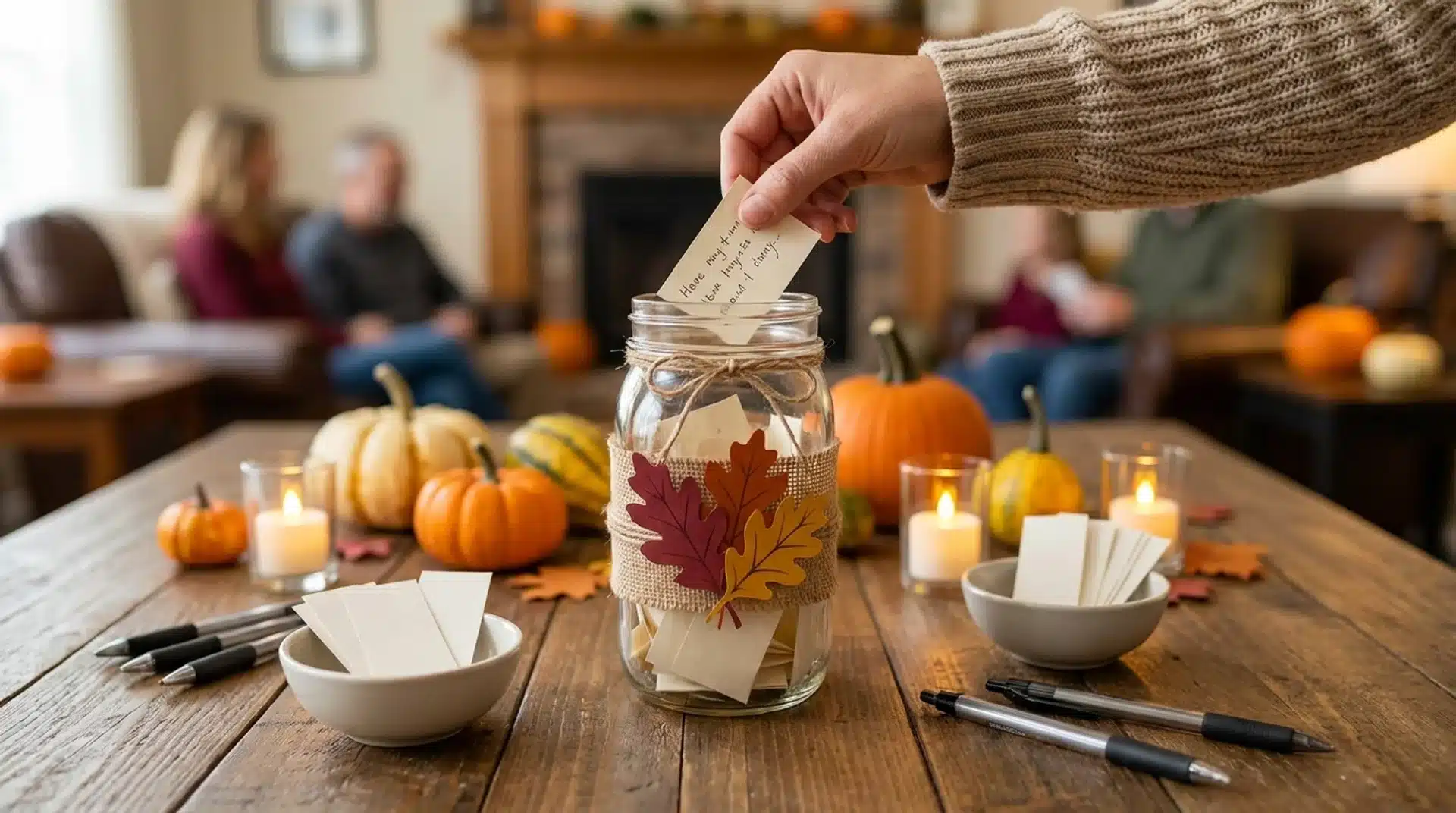 A hand places a handwritten note into a decorated glass gratitude jar on a festive Thanksgiving table.