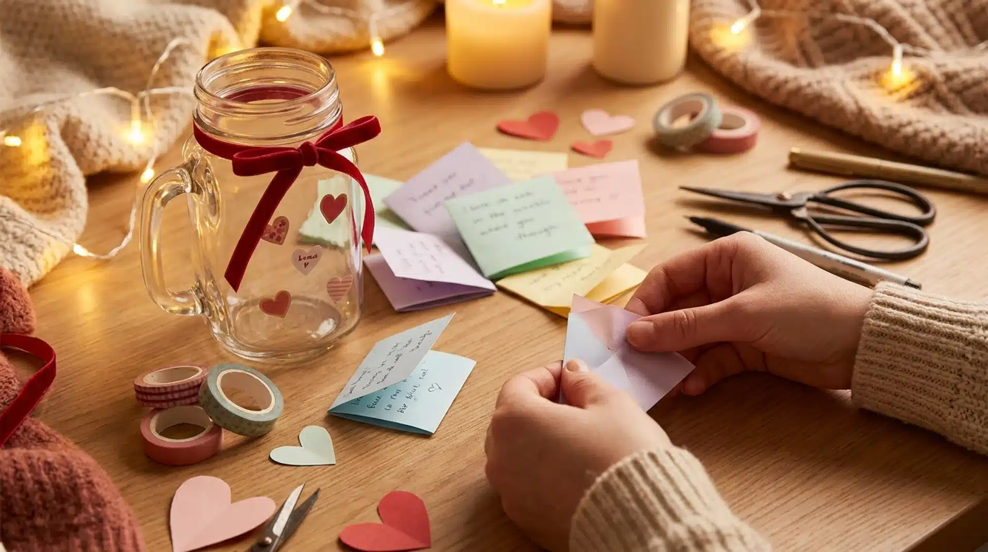 Hands fold a colorful paper love note next to a decorated glass jar for a DIY Valentine's Day gift.