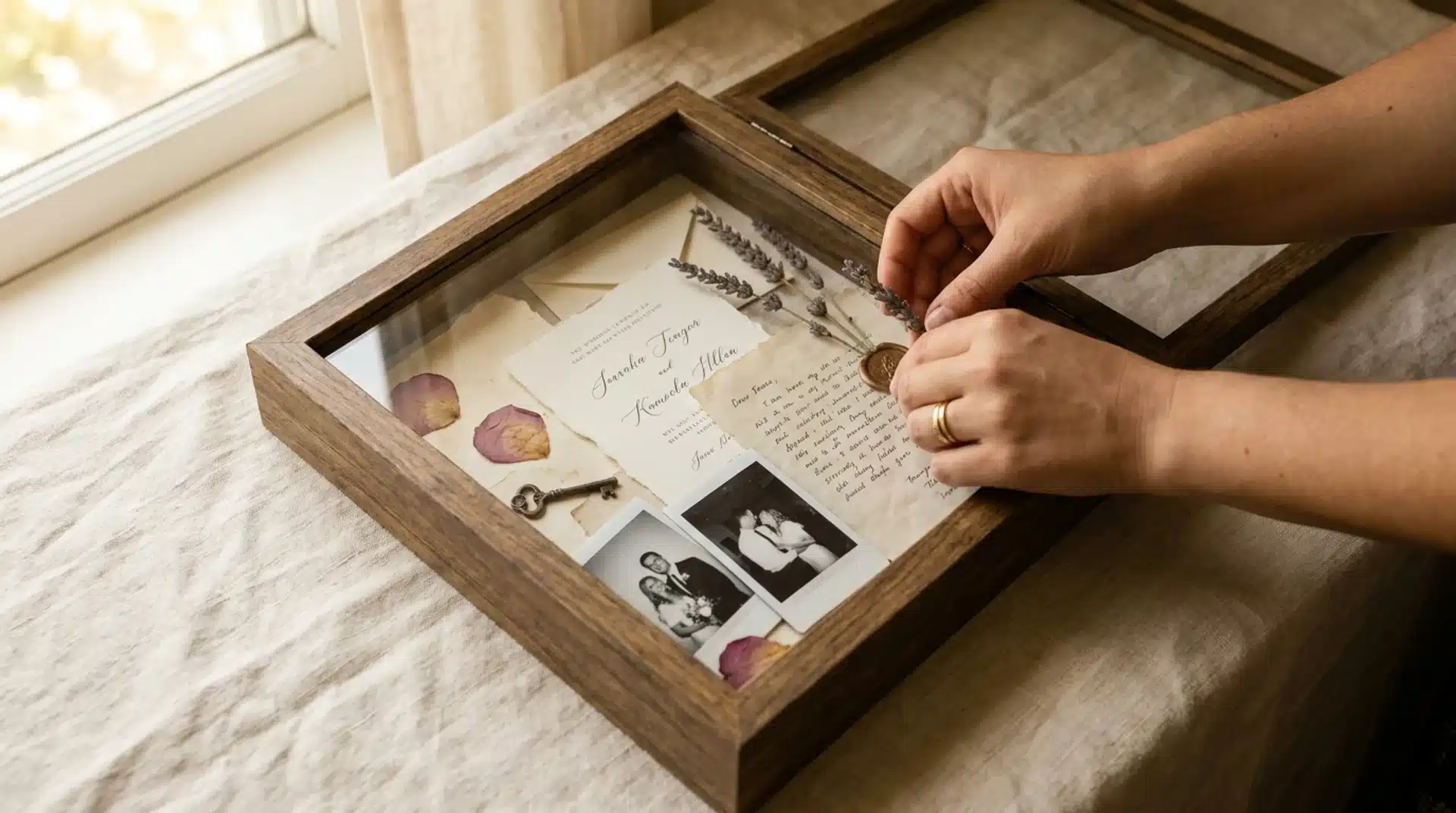 Hands arrange dried lavender and photos inside a wooden DIY Wedding Gift Memory Frame on a table.