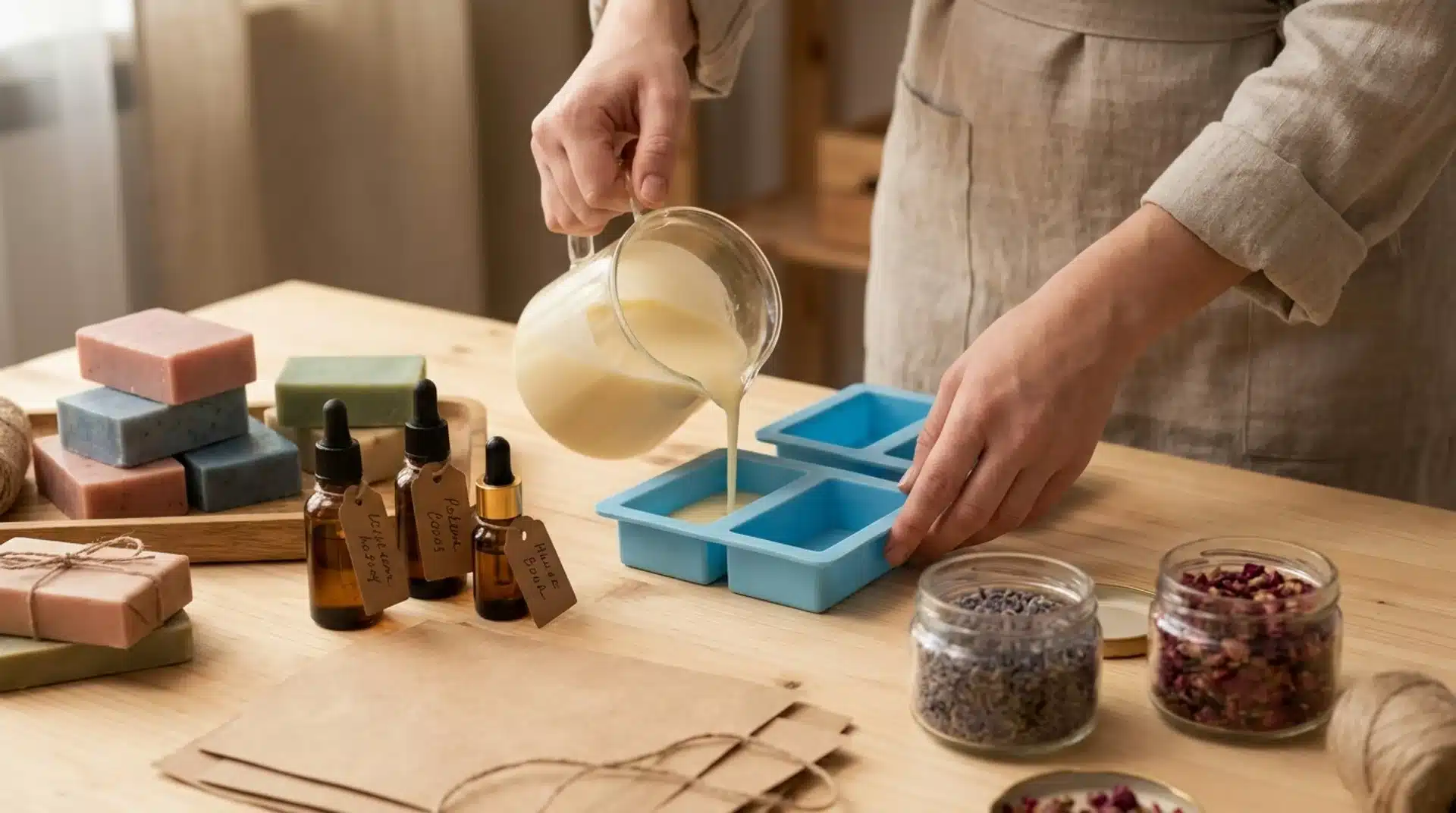 A person pours a creamy liquid soap mixture from a glass pitcher into a blue silicone mold on a wooden table.