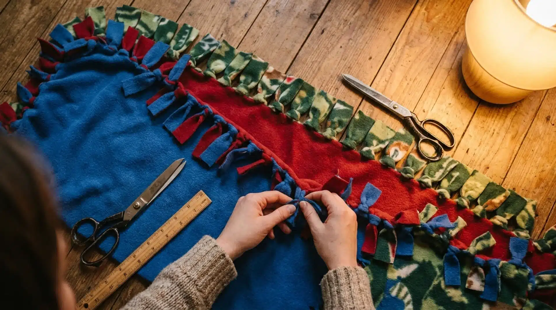 Hands tying the fringed edges of a blue, red, and camo fleece blanket on a wooden floor near scissors and a wooden ruler.