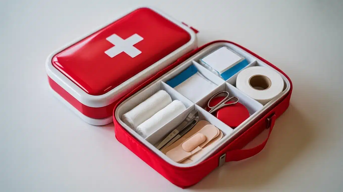 Red compact first aid kit open showing bandages scissors and gauze.