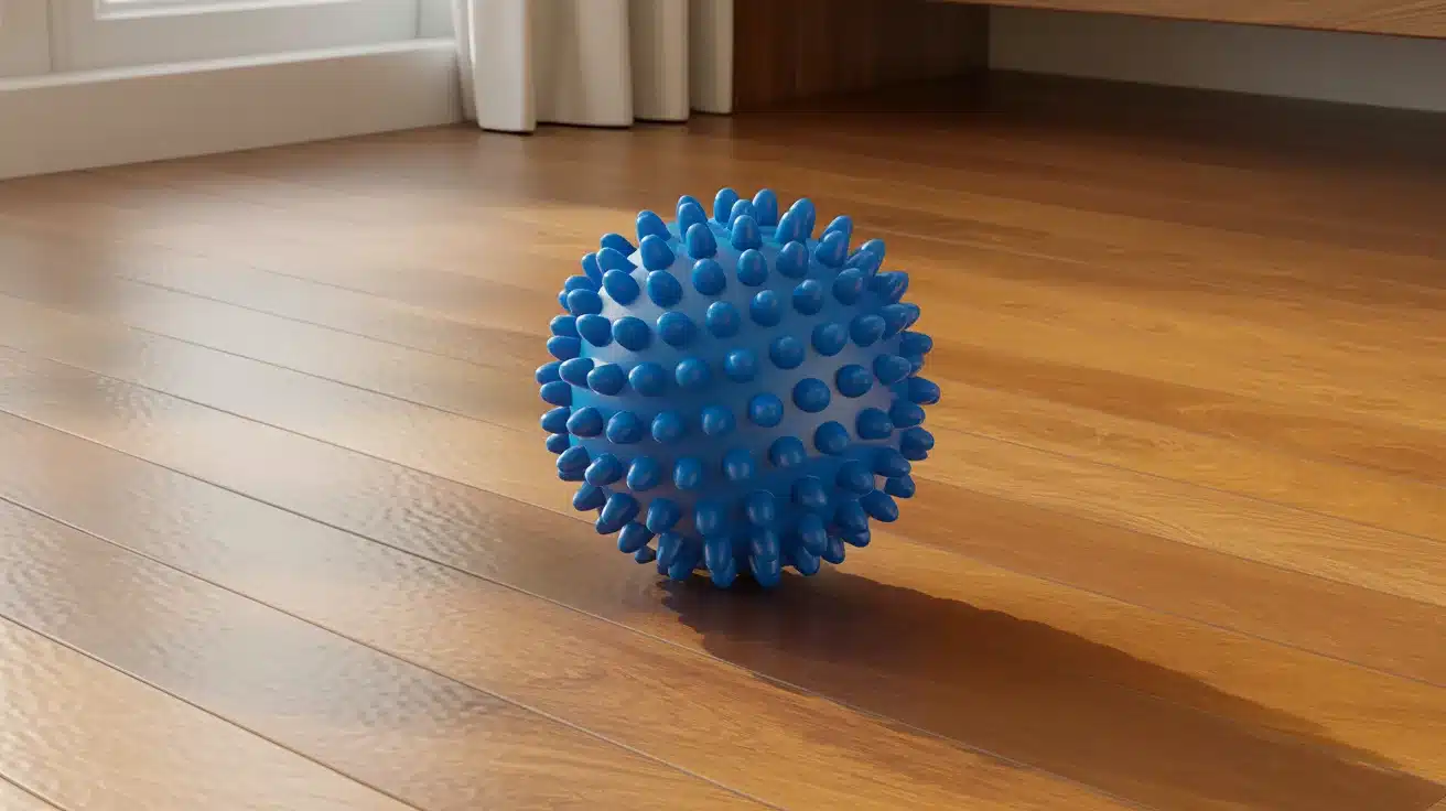 Blue spiked massage ball on wooden floor.