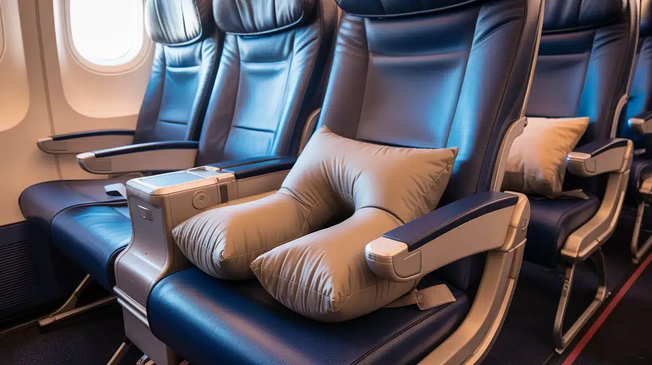 Black portable foot rest on an airplane seat.